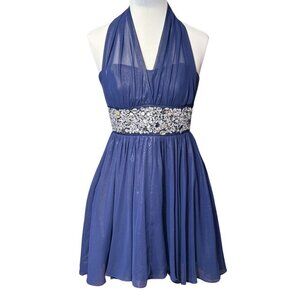 JODI KRISTOPHER Blue Rhinestone Halter Dress‎ Juniors Size 5 Prom Cocktail Party